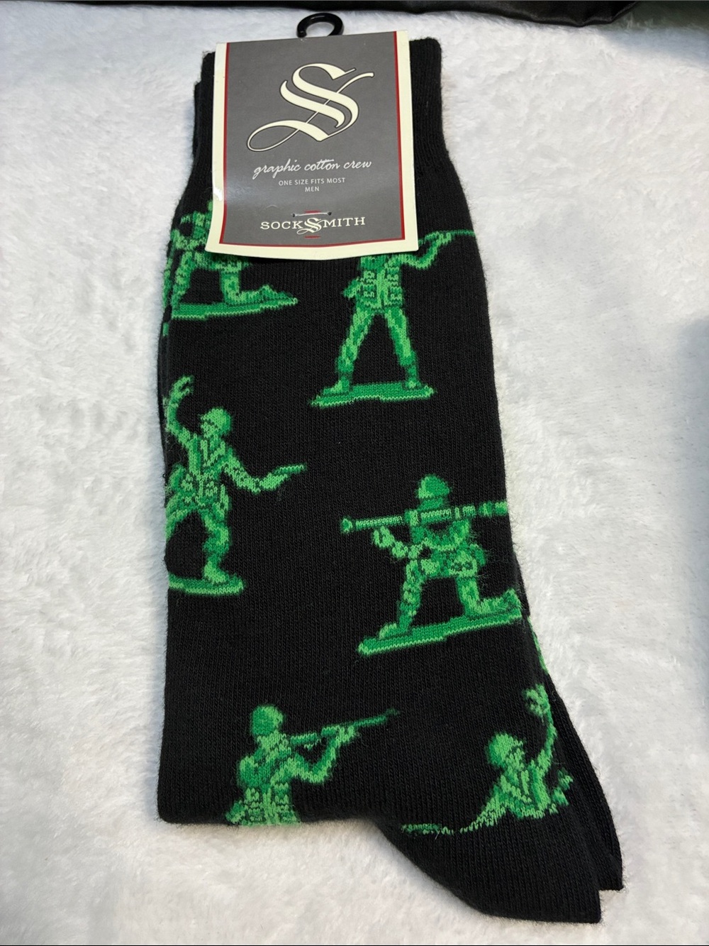 NEW Socksmith Men’s sz 10-13 Black Crew Socks with Green Toy Soldier Pattern